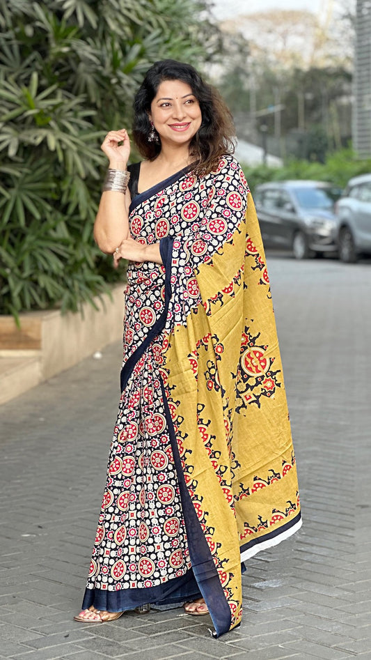 Black Ajrakh Printed Mul Cotton Saree