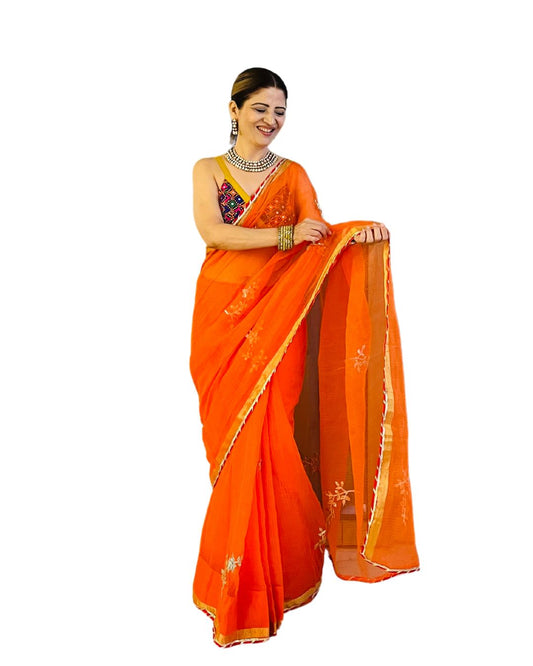 Orange Cotton Kota Doriya with Kaccha Gotapatti work Saree