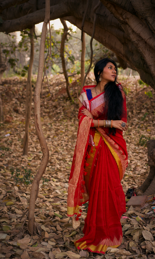 Red Linen Jamdani Saree