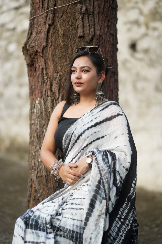 White Printed Linen Cotton Saree