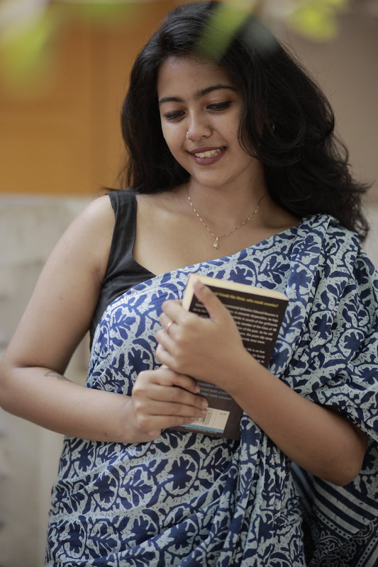 Indigo Printed Mul Cotton Saree