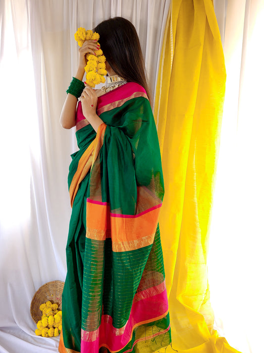 Leaf Green Maheshwari Silk Cotton Saree