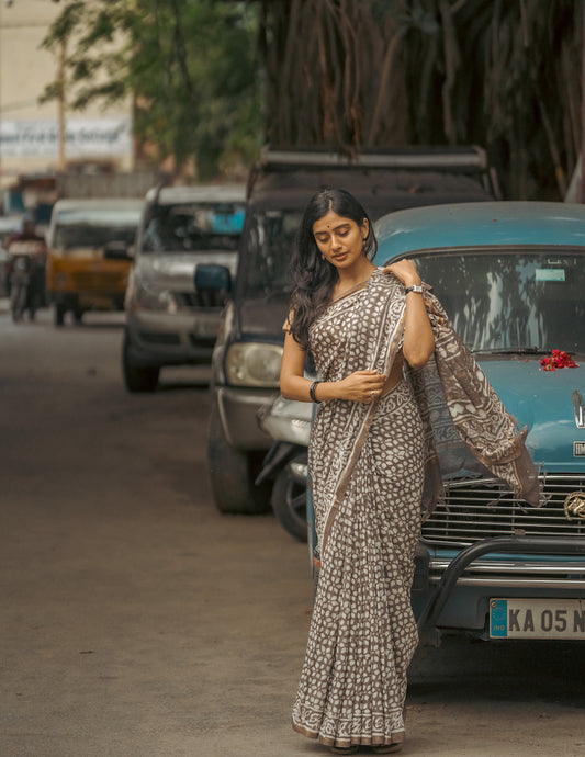 Grey Chanderi Cotton Silk Saree