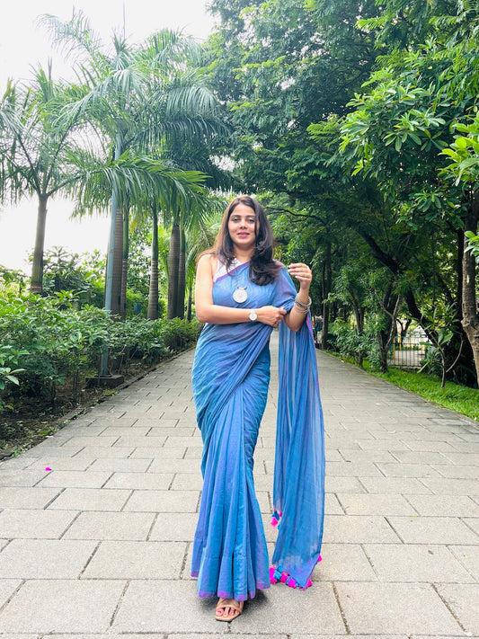 Blue  Mul Cotton Saree with tassels