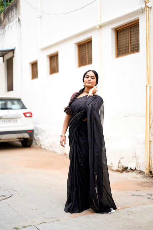 Black Plain Cotton Saree