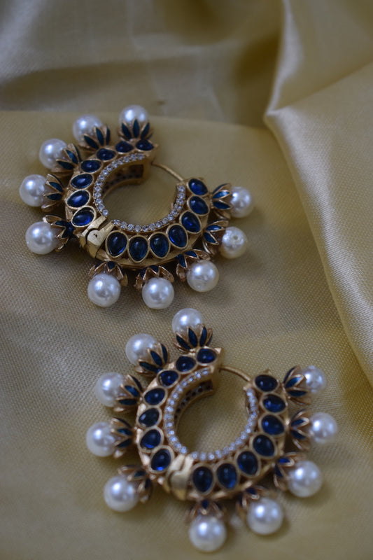 Blue Pearl and Stone Hoops Earrings