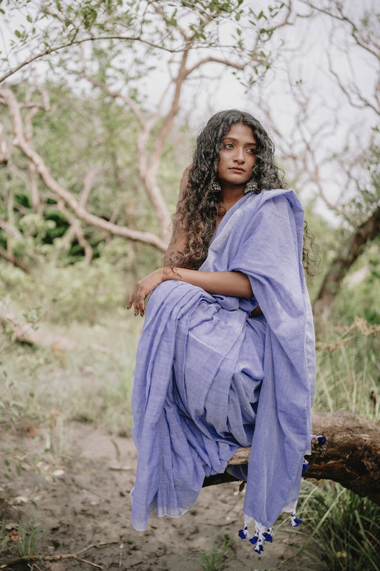 Denim Blue Plain Cotton Saree