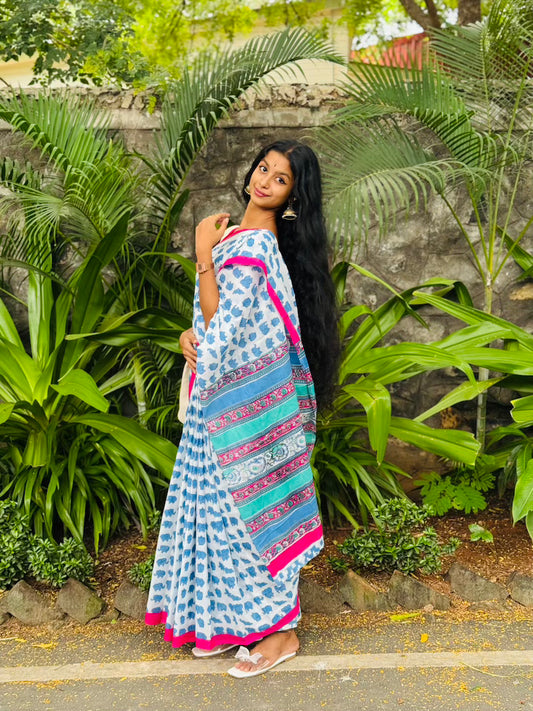 White Printed Mul Cotton Saree