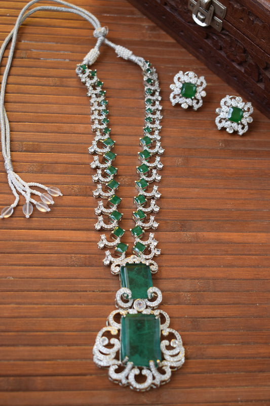 Silver Lookalike Green Stone Necklace Set