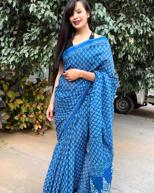 Indigo Printed Mul Cotton Saree