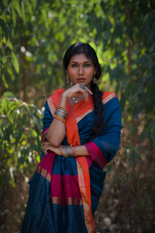 Peacock Blue Maheshwari Silk Cotton Saree