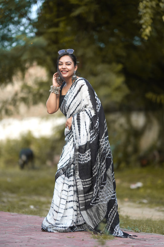 White Printed Linen Cotton Saree