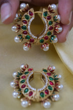 Load image into Gallery viewer, Green Red Pearl and Stone Hoops Earrings
