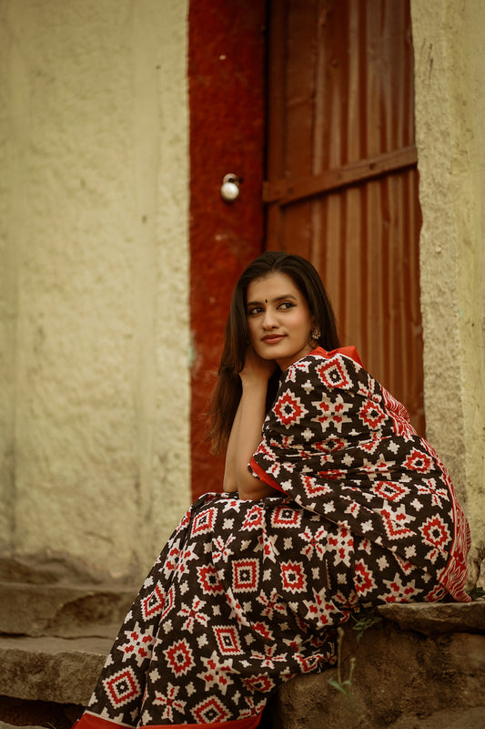 Black Printed Mul Cotton Saree