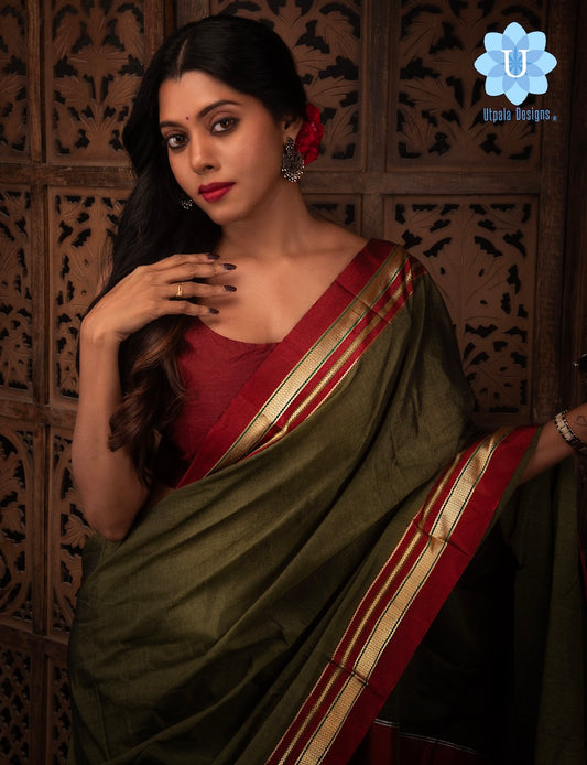 Military Green Cotton Silk Ilkal Saree