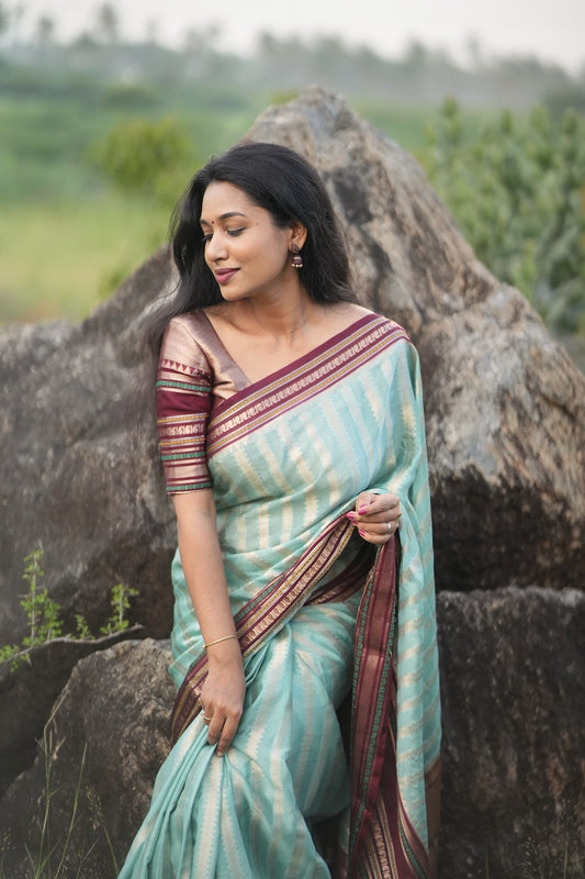 Sea Foam Benarasi Katan Warm Silk Saree