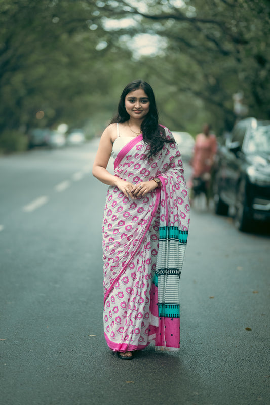 White Printed Mul Cotton Saree