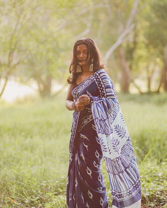 Indigo Printed Mul Cotton Saree