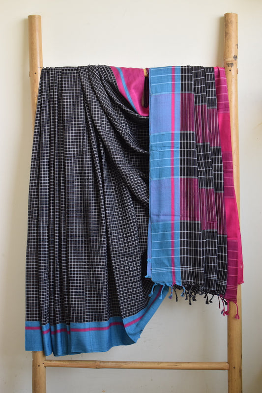 Black Pattada Anchu Cotton Saree with Pink & Blue Border