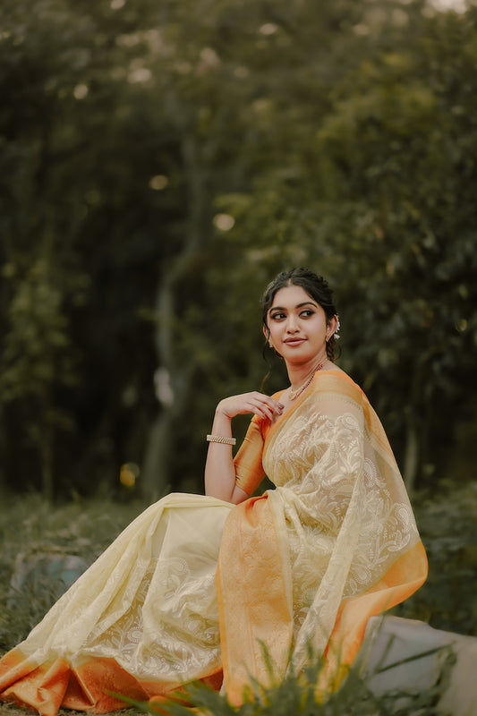 Lemon Yellow Semi Organza Chikankari Benarasi Saree