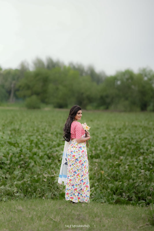 White Printed Mul Cotton Saree