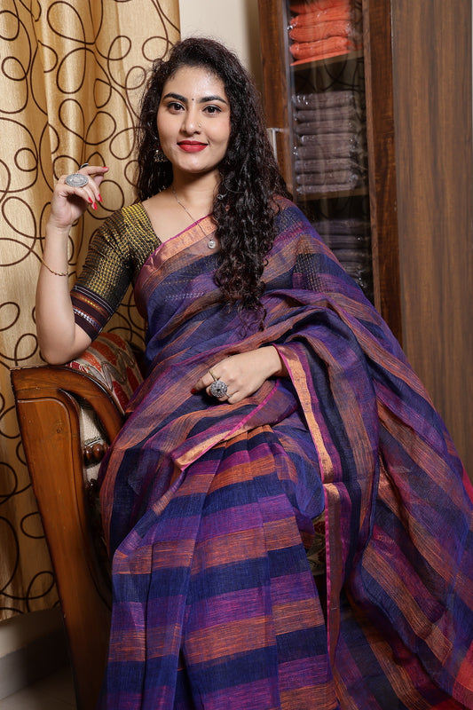 Dark Blue Striped Linen Saree