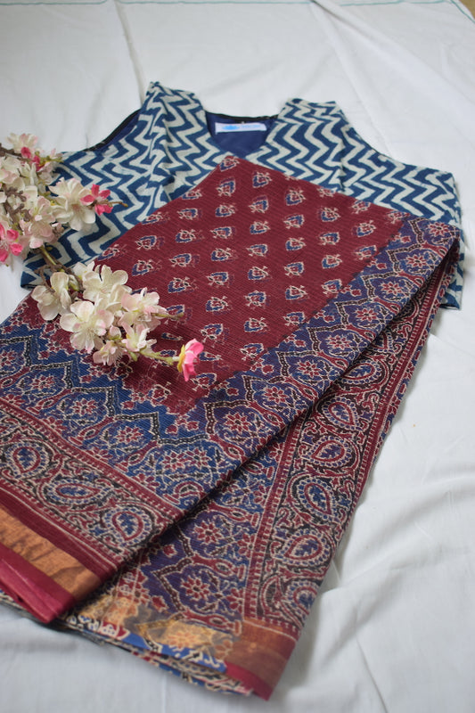 Lasya - Buy Ajrakh Kota Doriya Saree  & Get Cotton Block Printed Blouse Free