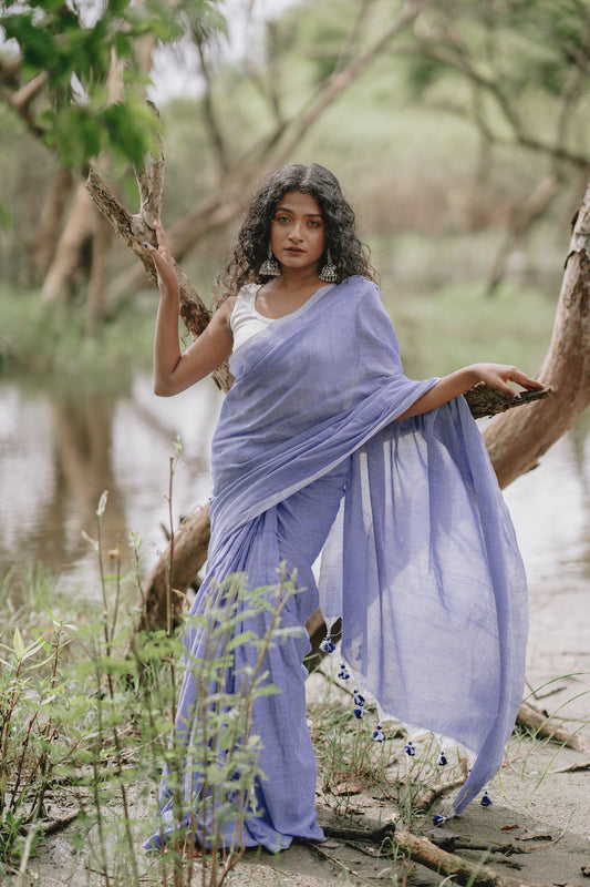 Denim Blue Plain Cotton Saree