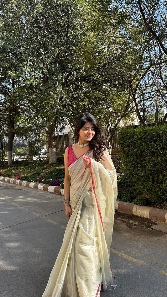 Pearly White Tissue Cotton Saree