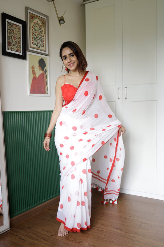 White-Red Polka Dots Mul Cotton Saree with tassels