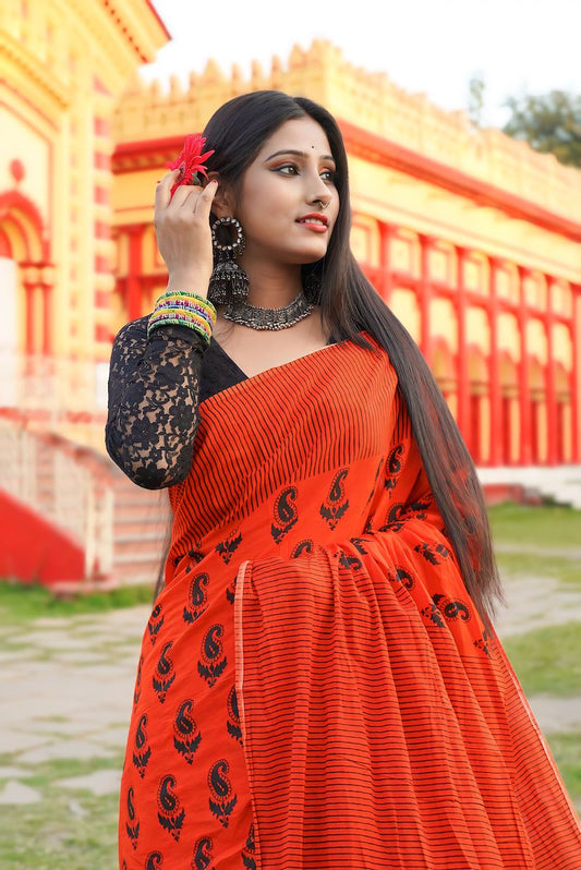 Orange Printed Mul Cotton Saree