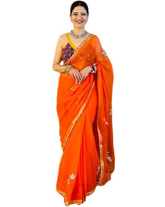 Orange Cotton Kota Doriya with Kaccha Gotapatti work Saree