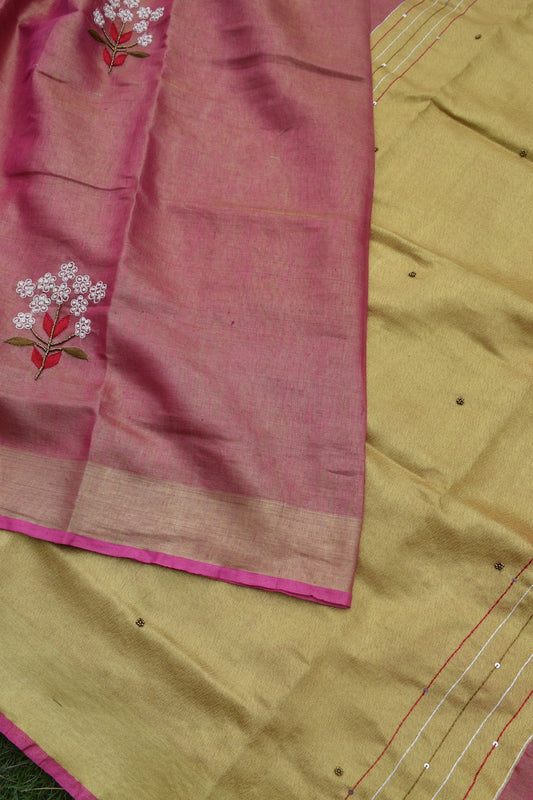 Pink Tissue Linen Cotton Saree