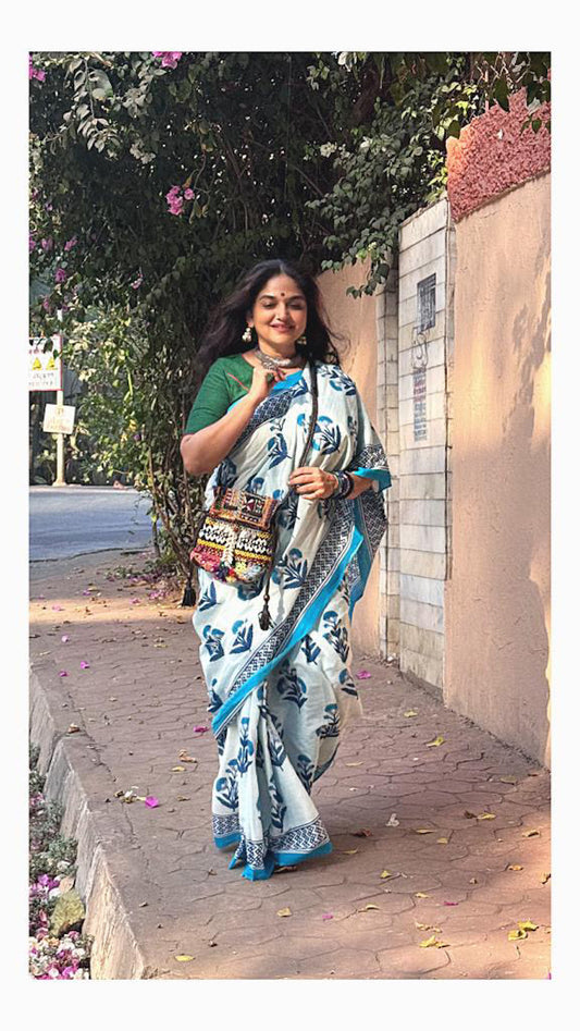 Light Blue Printed Mul Cotton Saree