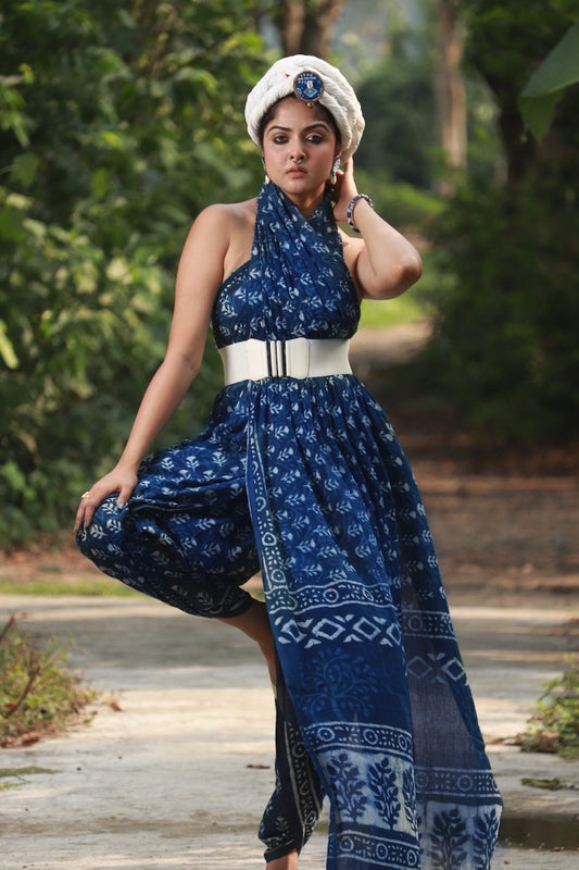 Indigo Printed Mul Cotton Saree