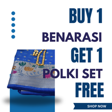 Load image into Gallery viewer, Neeli - Buy Royal Blue Benarasi Soft Georgette Saree &amp; Get Polki set free
