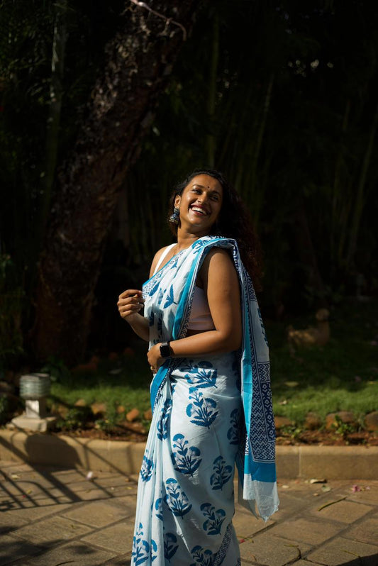 Light Blue Printed Mul Cotton Saree