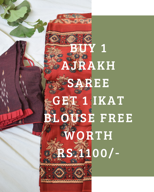 Sindhura - Buy Modal Silk Ajrakh Saree & Get Ikkat Blouse Free