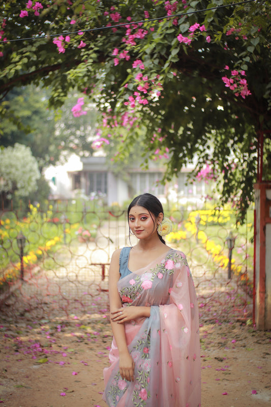 Peach Semi Organza Embroidery Benarasi Saree