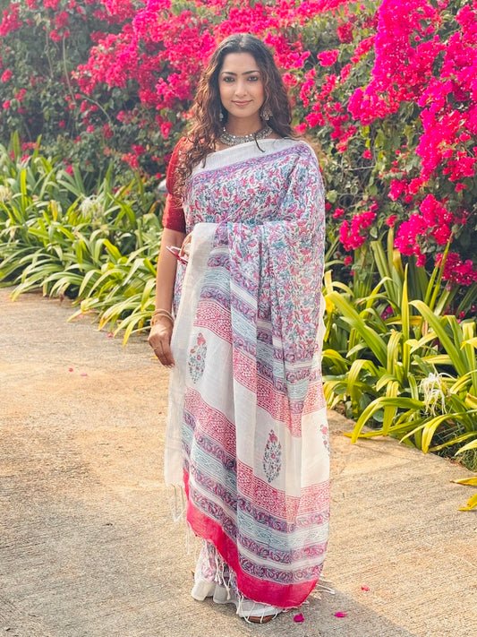 White Printed Linen Cotton Saree