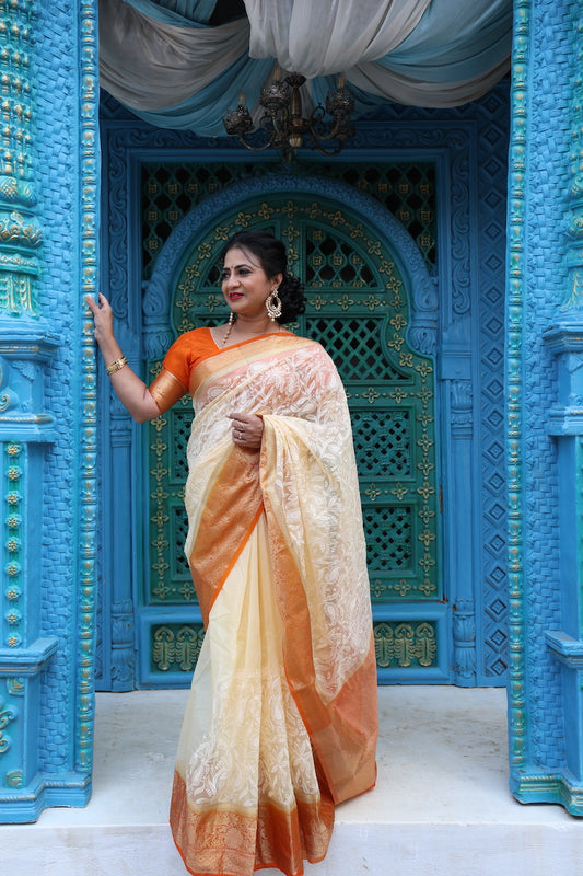 Marigold Semi Organza Chikankari Benarasi Saree