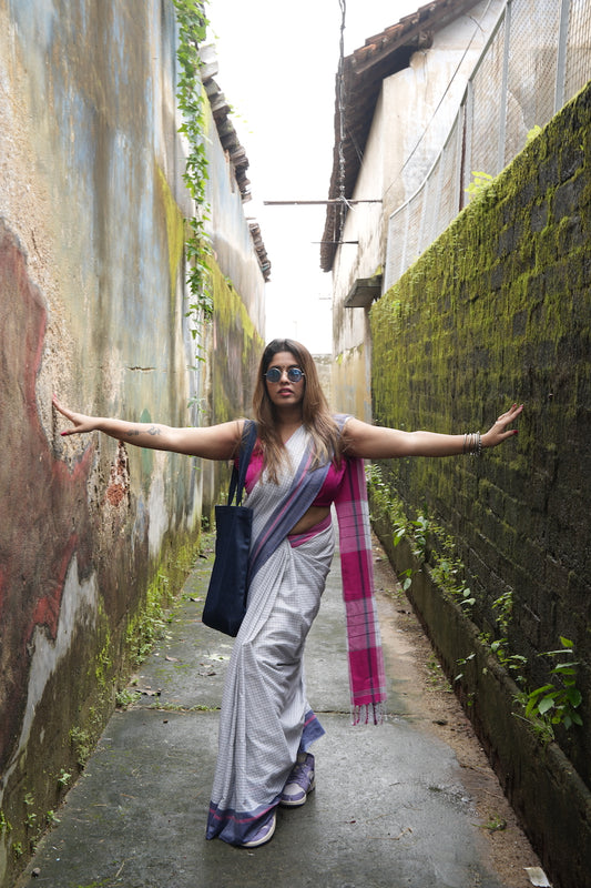 White Pattada Anchu Cotton Saree with Pink & Blue border