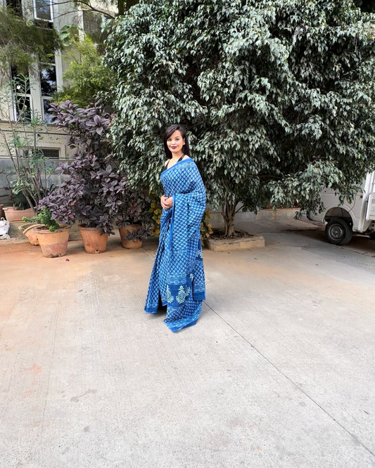 Indigo Printed Mul Cotton Saree