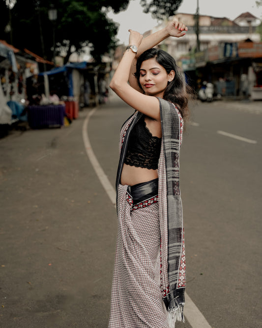 Off White Printed Linen Cotton Saree