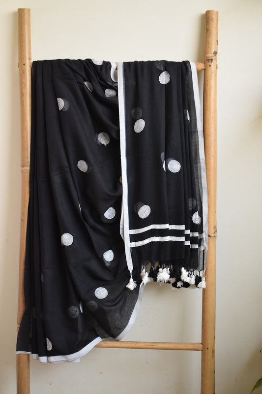 Black Polka Dots Mul Cotton Saree with tassels