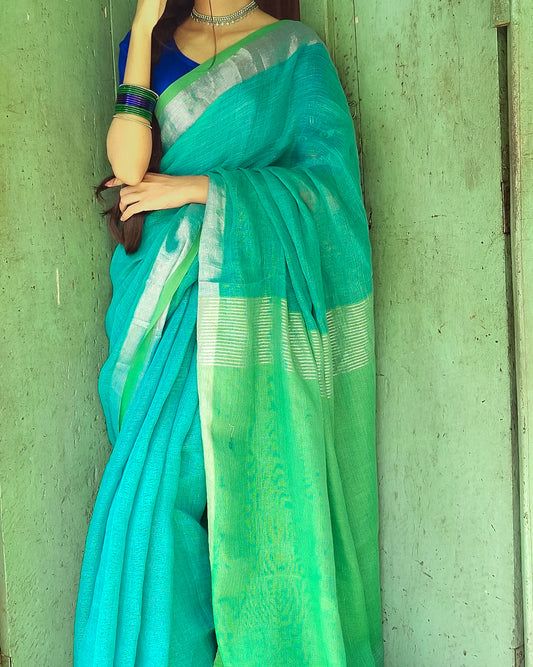 Turquoise Linen Saree