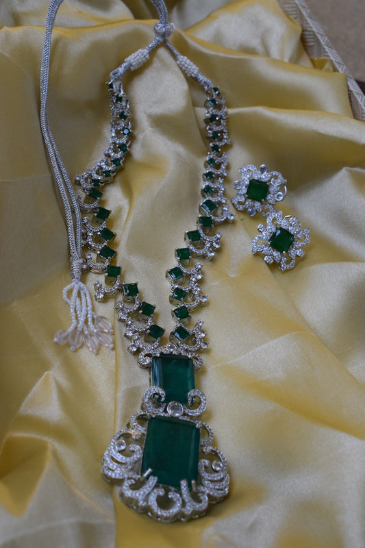 Silver Lookalike Green Stone Necklace Set