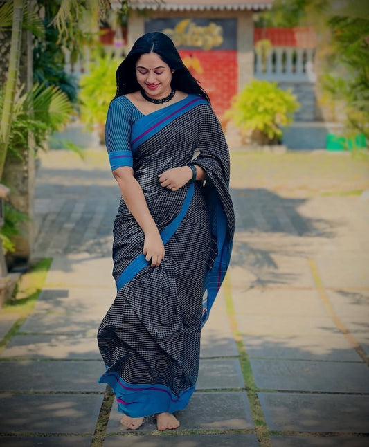 Black Pattada Anchu Cotton Saree with Blue border