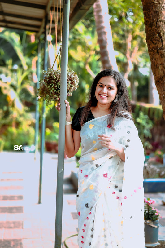 White Silk Cotton Jamdani Saree