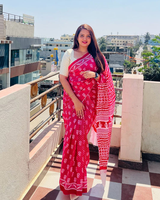 Pink Printed Mul Cotton Saree